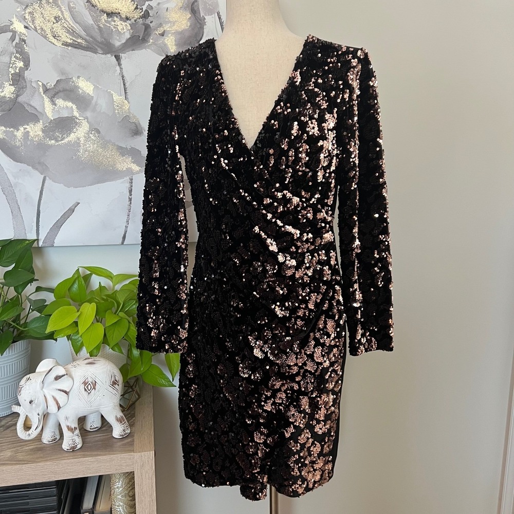 Julia Jordan Sequin Velvet Faux Wrap Dress Black Bronze Metallic Size 10